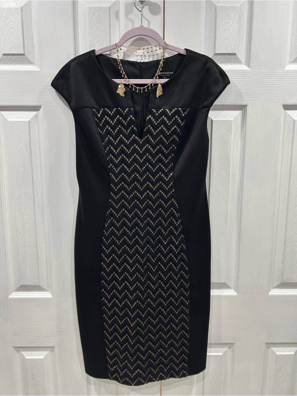 Black Midi Sheath Dress with Gold Chevron Detail w/necklace and earrings
